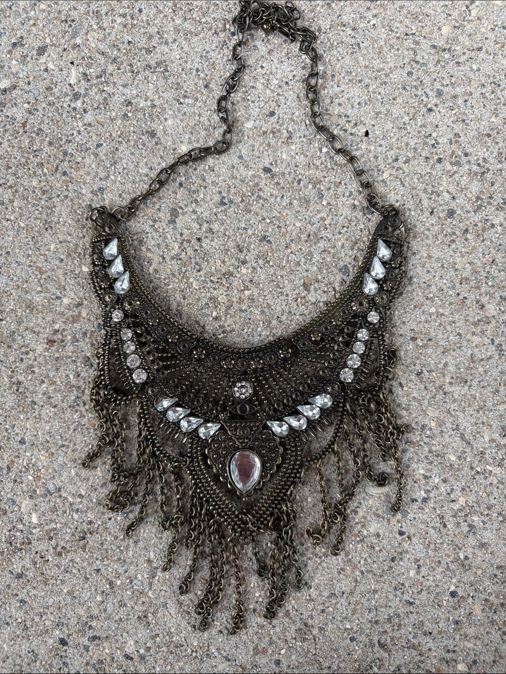 4-Statement Antique Brass Fringe Necklace with‎ Clear Crystal Accents